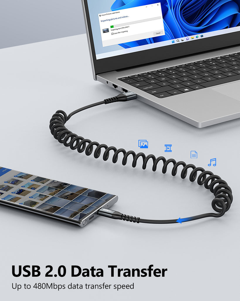 SUNGUY Coiled USB C Cable , USB A to USB C Charger Cable for Car, Android Auto USB-C Fast Charging Cord B060AC#