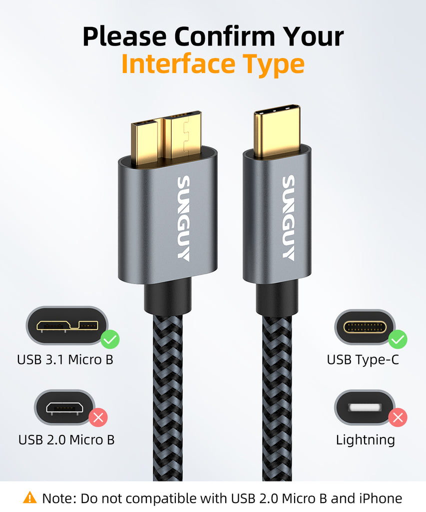 SUNGUY USB C to Micro B Cable USB 3.0, USB C Male to Micro B Male Hard Drive Cable Compatible (Wholesale & Customized)