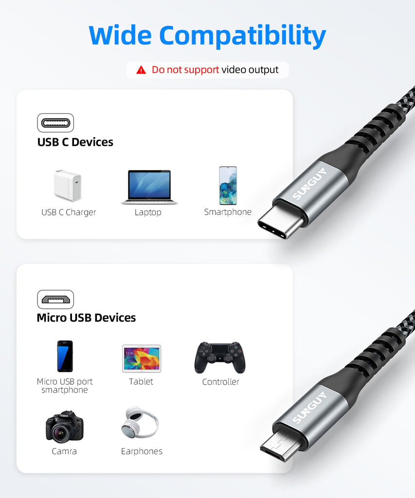 SUNGUY Type C to Micro USB Cord Support OTG Nylon Braided Compatible B005BC#