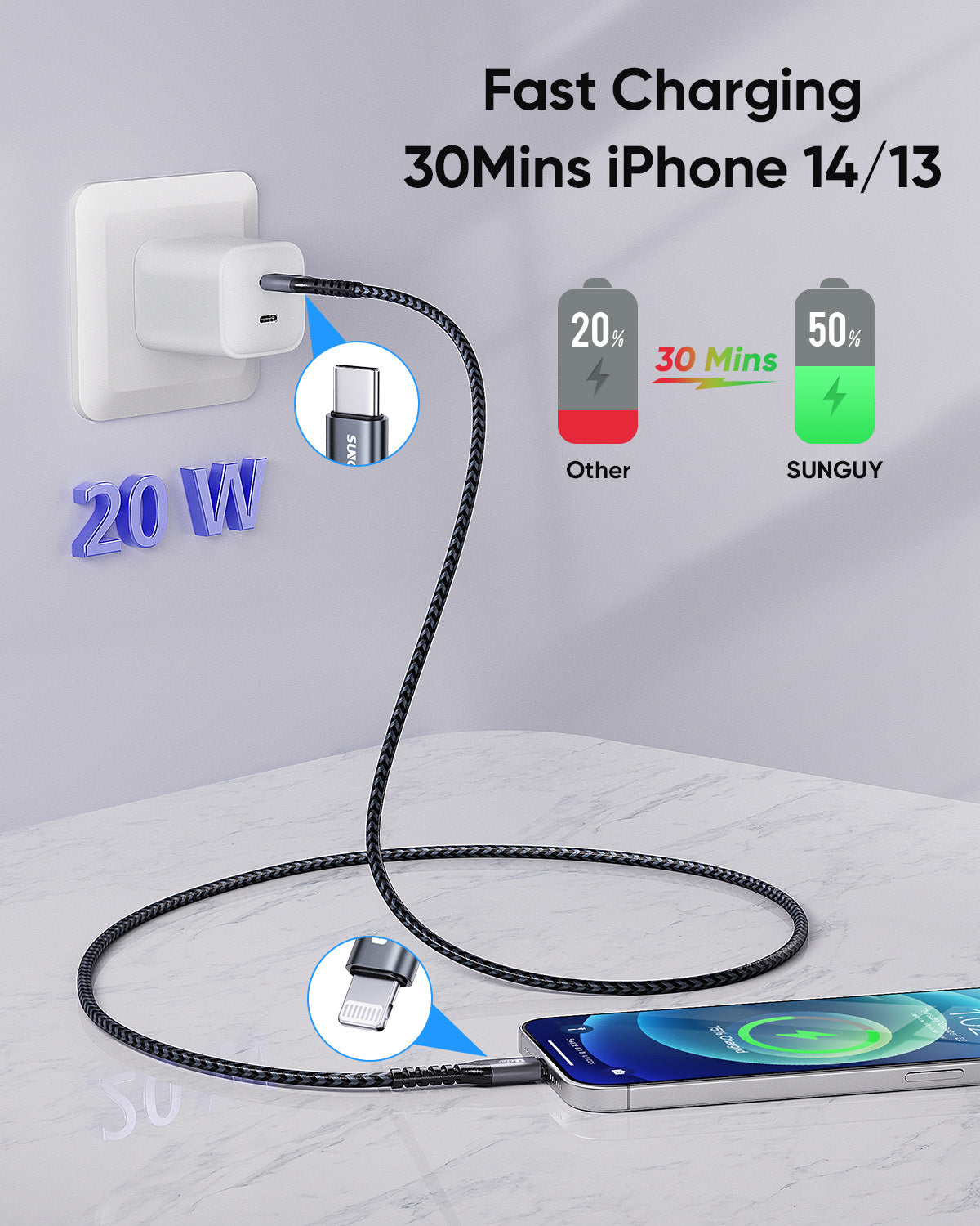 SUNGUY USB C to Lightning Cable, iPhone Charger Cable Nylon Braided, B005CL
