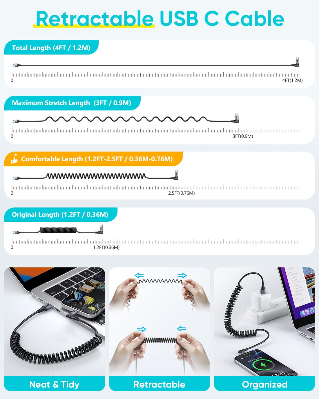 SUNGUY Right Angle Coiled Cable, 90 Degree USB A to USB C Cable,  2Ft/0.6M, B082AC