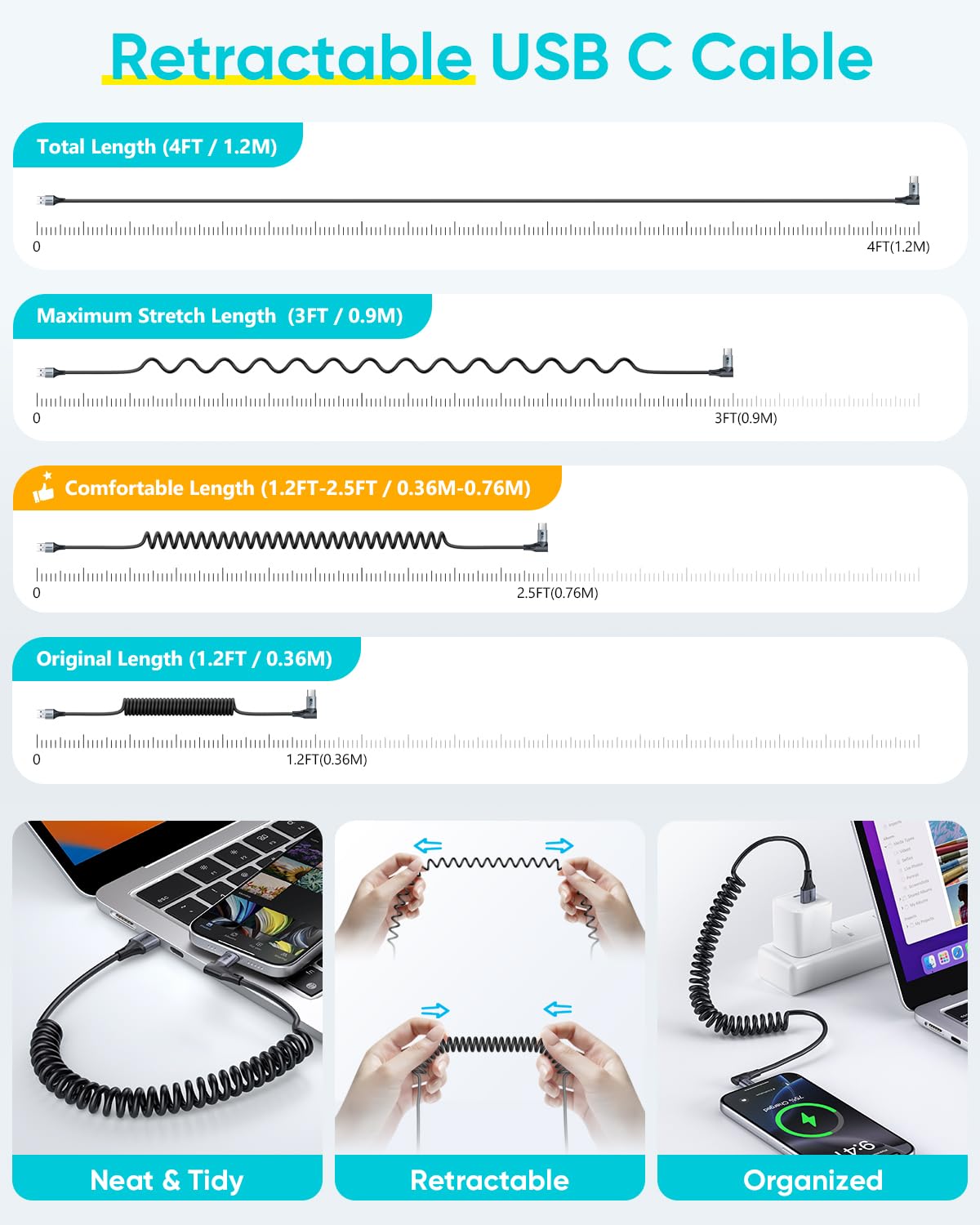SUNGUY Right Angle Coiled Cable, 90 Degree USB A to USB C Cable,  2Ft/0.6M, B082AC