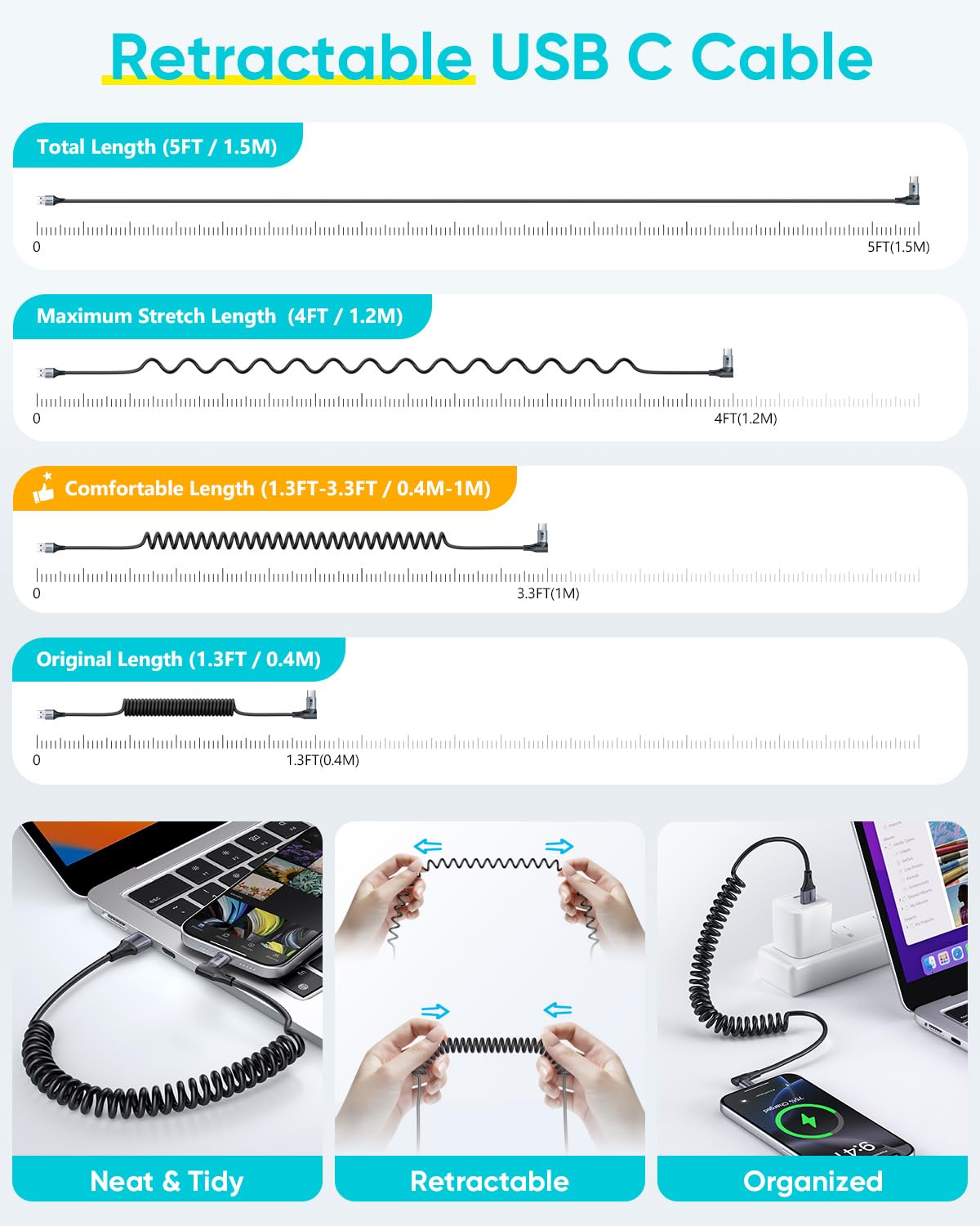 Right Angle Coiled Cable, 90 Degree USB A to USB C Cable, 3Ft/0.9M, B082AC