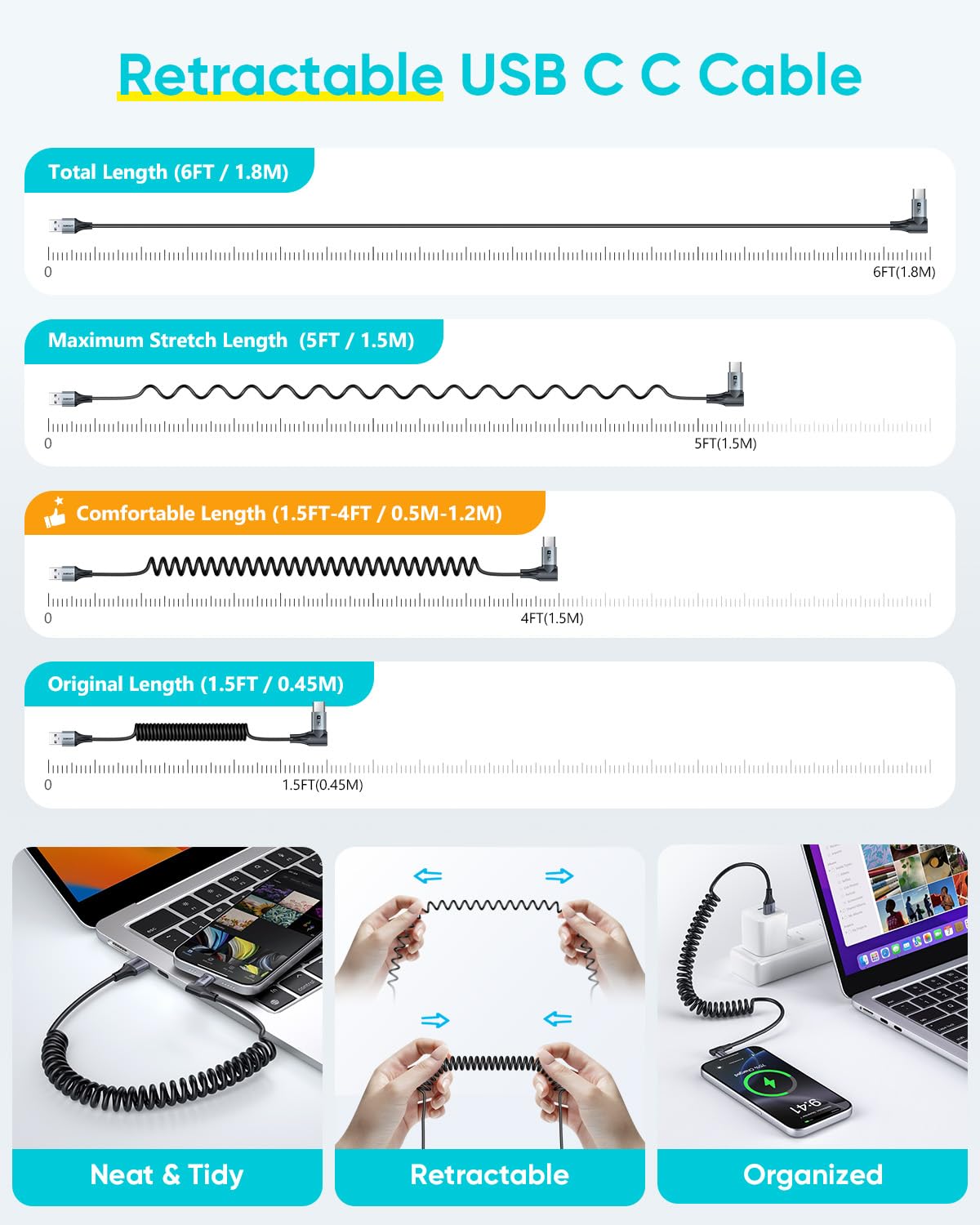 Right Angle Coiled Cable, 90 Degree USB A to USB C Cable, 4Ft/1.2M, B082AC