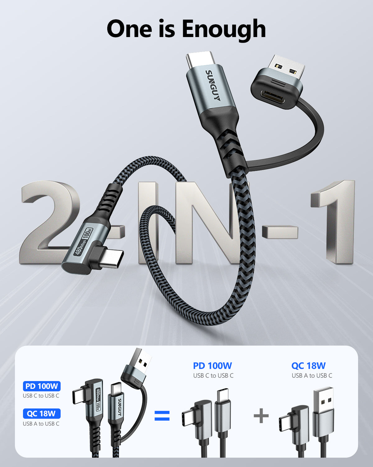 SUNGUY B200 USB C Charger Cable , 2 IN 1 -100W Right Angle USB C to USB C Cable, USB A/C to USB-C Fast Charging Cable