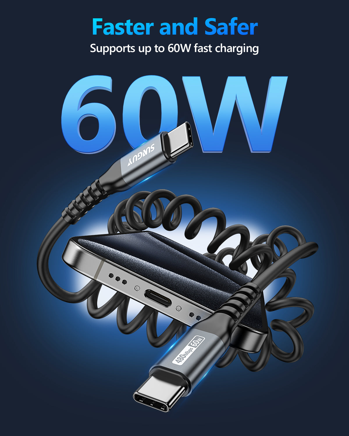 SUNGUY Coiled USB C to USB C Charger Cable for Car, Android Auto USB-C Fast Charging Cord, B060CC