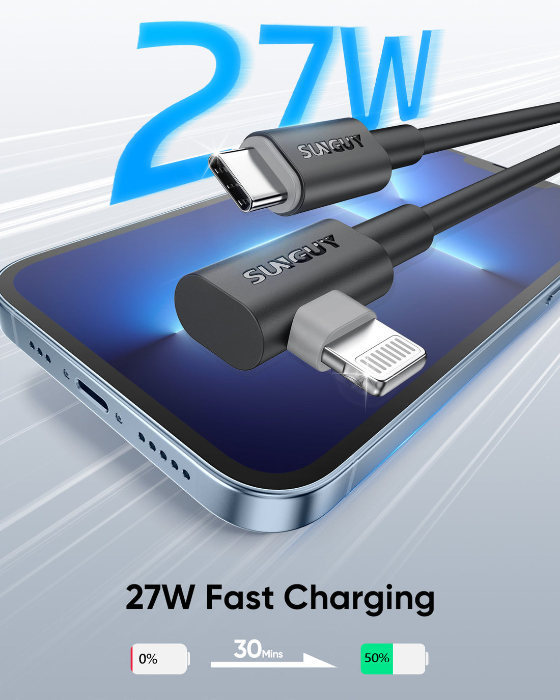 SUNGUY Right Angle USB C to Lightning Cable, 27W Fast Charging for iPhone, B030CL