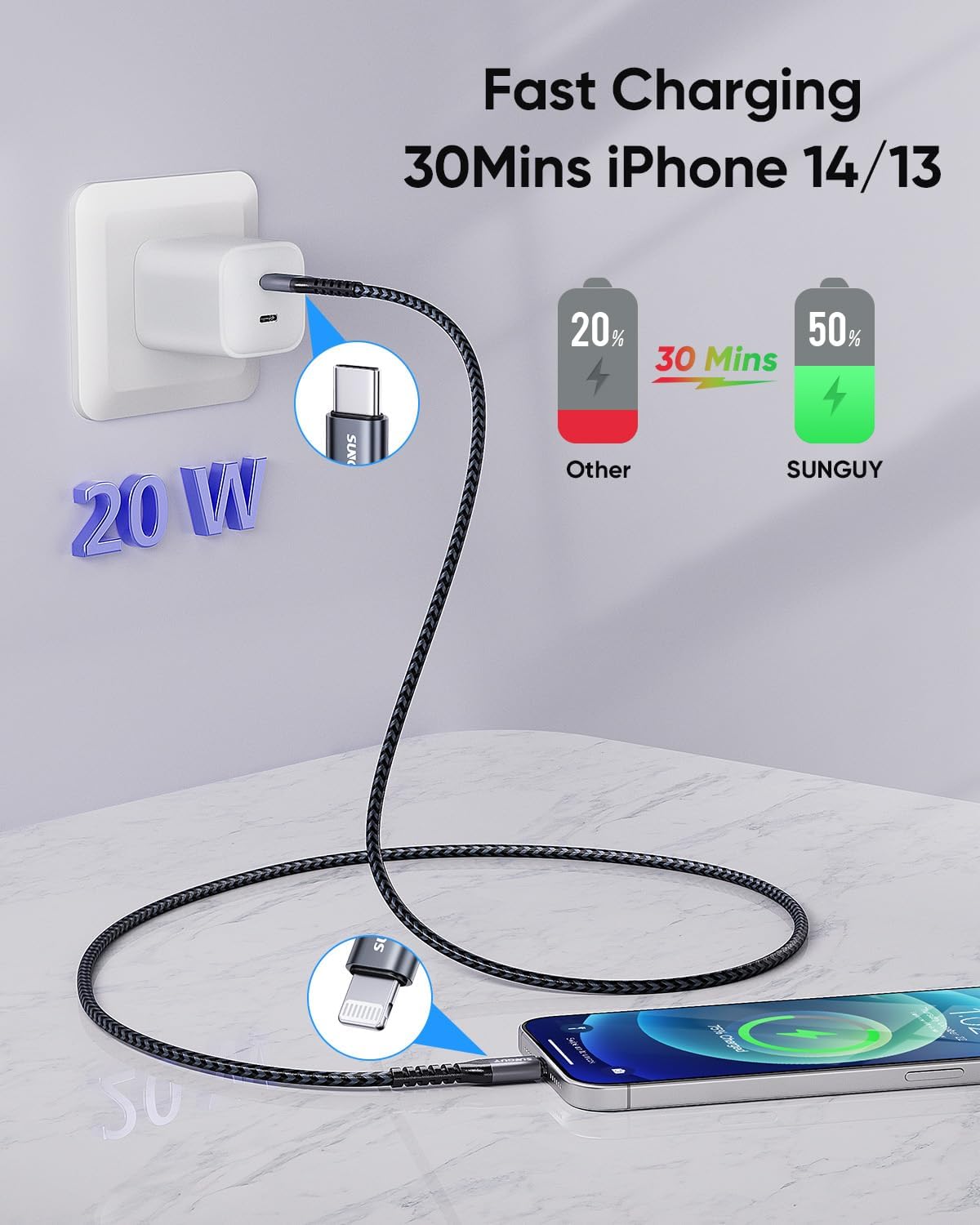SUNGUY USB C to Lightning Cable, iPhone Charger cable Nylon Braided, B005CL