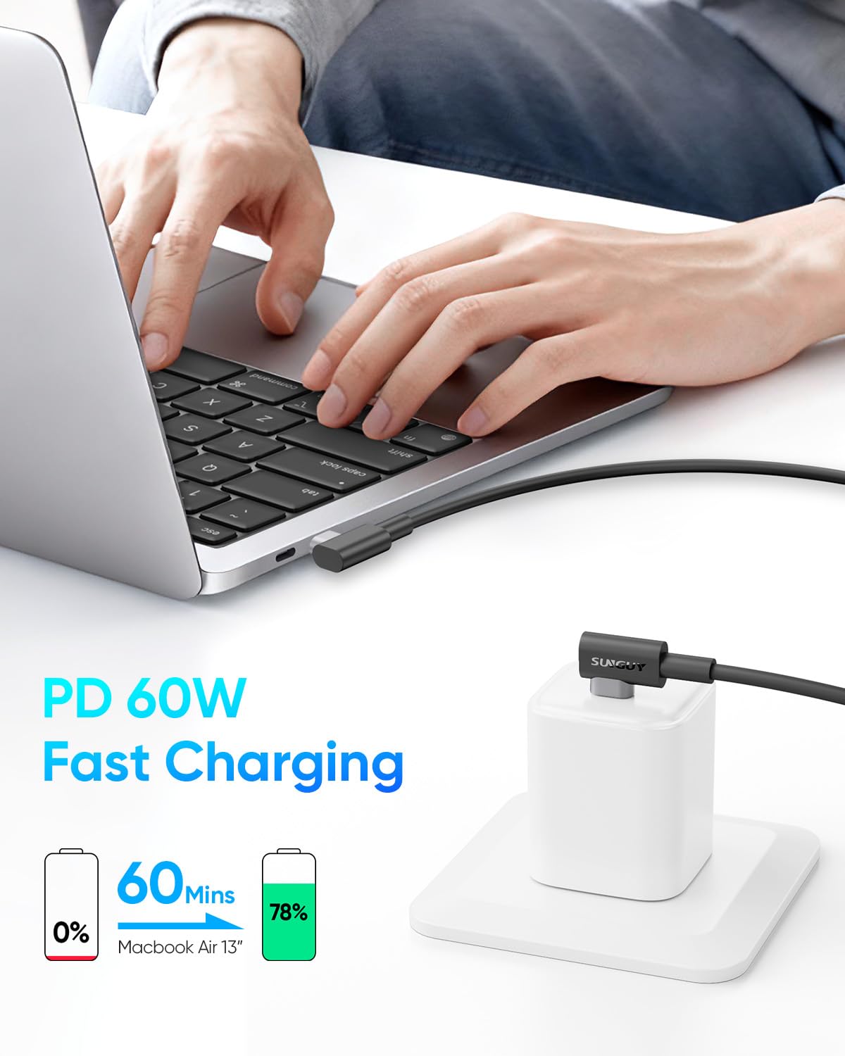 SUNGUY USB C to USB C Cable, 60W Fast Charging 90 Degree Right Angle, B032