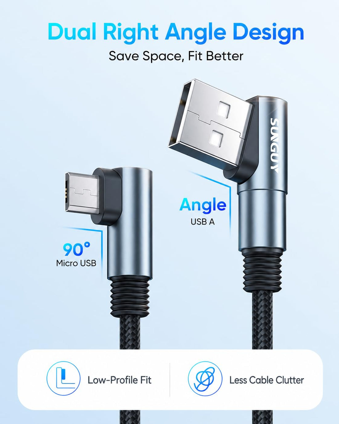 SUNGUY Dual Right Angle USB A to Micro USB Cable, 90 Degree Space-Saving Charging Cord, B045B