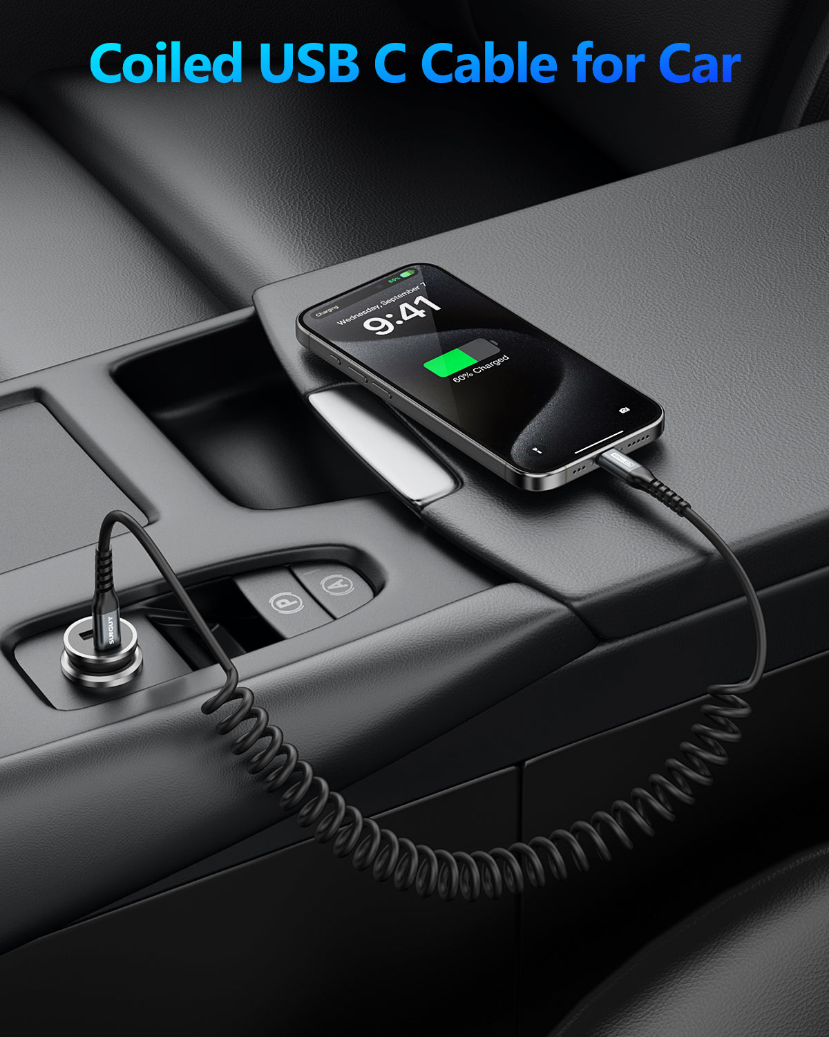 SUNGUY Coiled USB C to USB C Charger Cable for Car, Android Auto USB-C Fast Charging Cord, B060CC