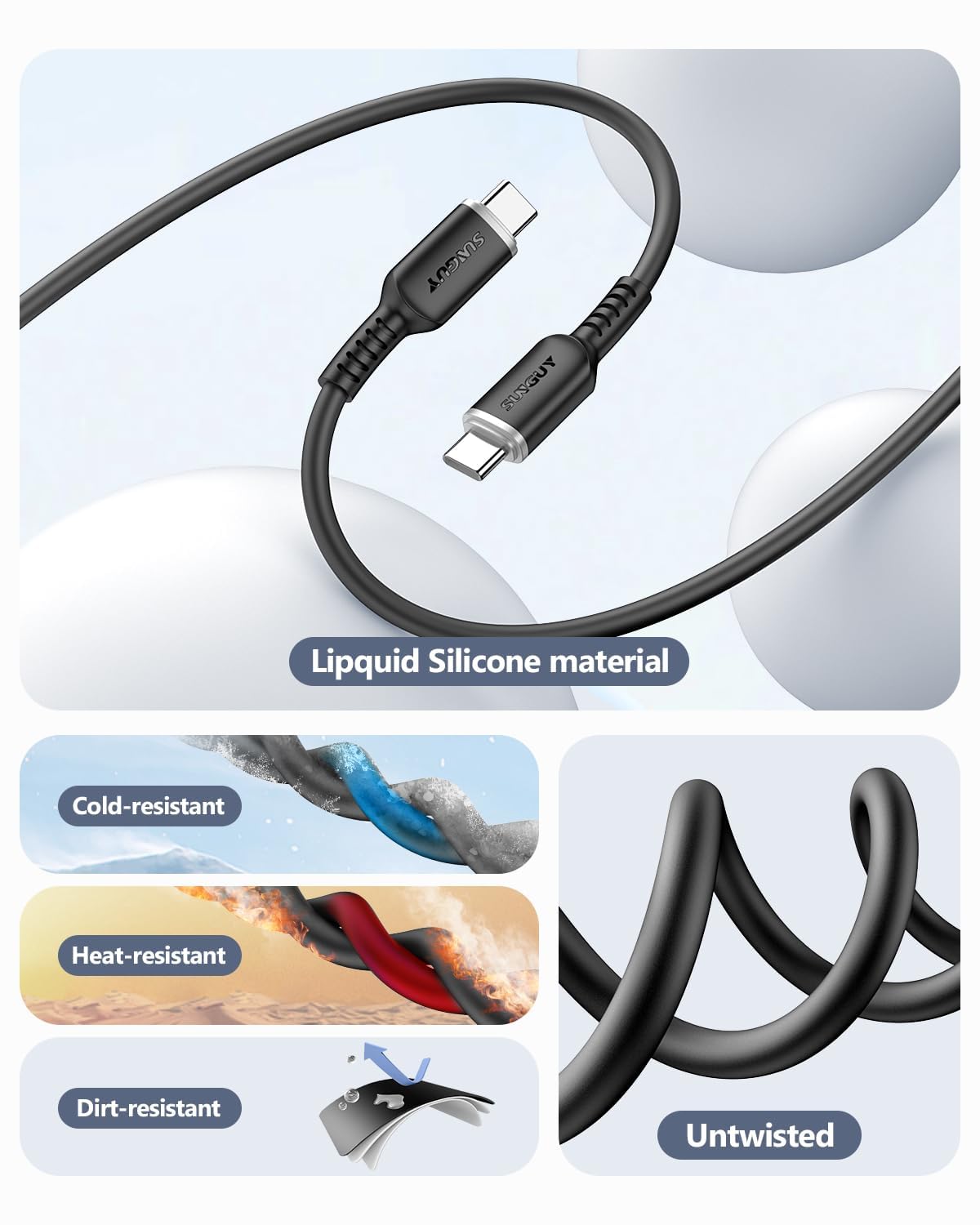 SUNGUY 100W USB C to USB C Cable, Soft Silicone, Fast Charging, B065CC