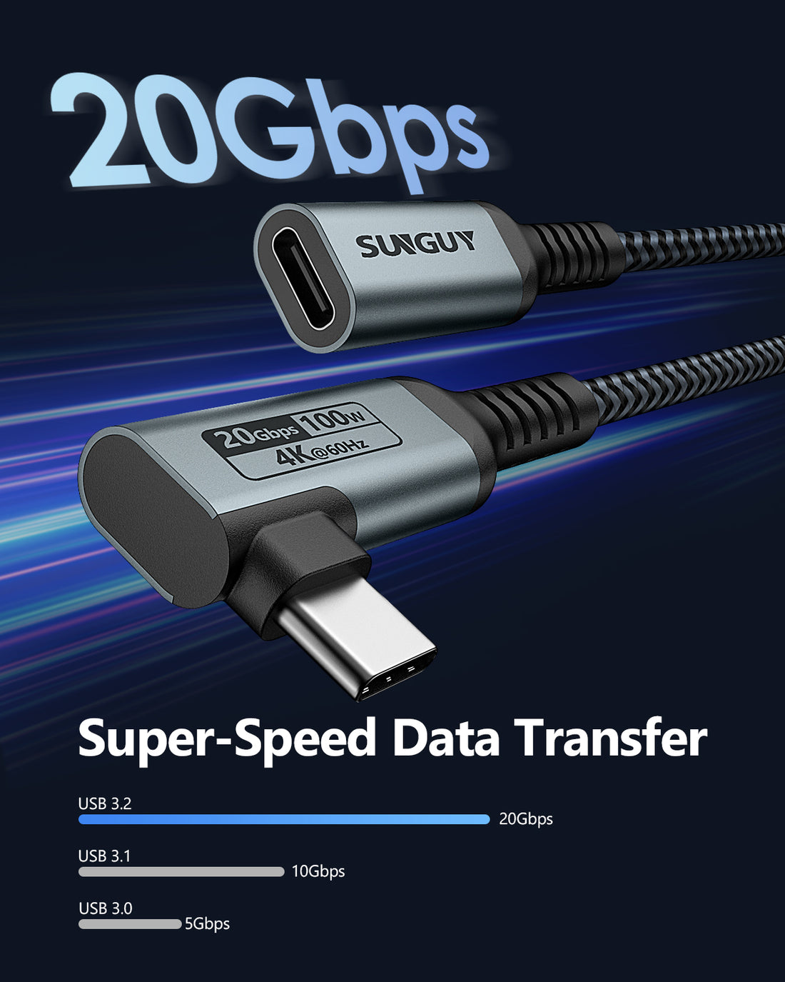 Cable de extensión SUNGUY USB C 20Gbps Salida 4K USB 3.2 Gen2 USB C macho a C hembra Cable de carga de 100W, B122