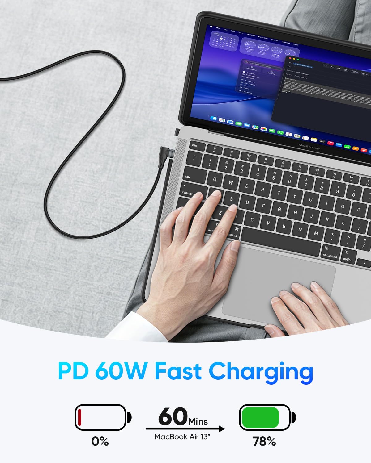 SUNGUY Right Angle 90 Degree USB C to USB C Cable, for Thick Case 60W Fast Charging, B086CC