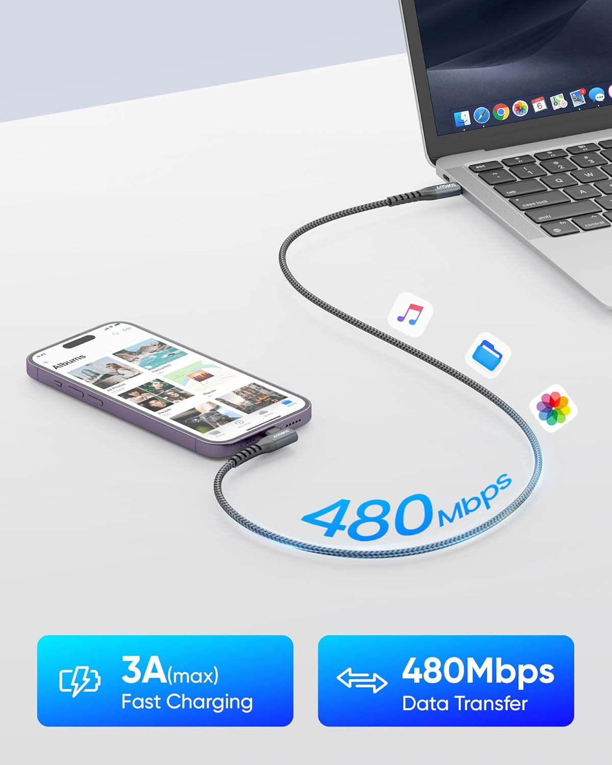 SUNGUY USB C to Lightning Cable, Right Angle, iPhone Charger Cord, B007CL