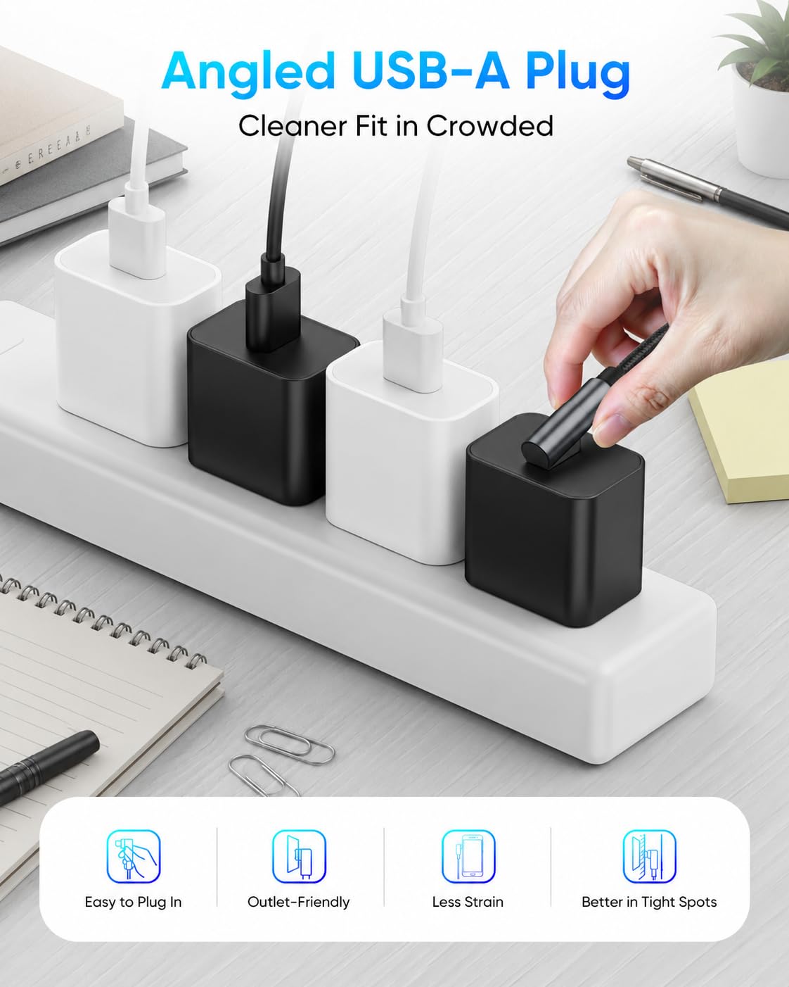 SUNGUY Dual Right Angle USB A to Micro USB Cable, 90 Degree Space-Saving Charging Cord, B045B