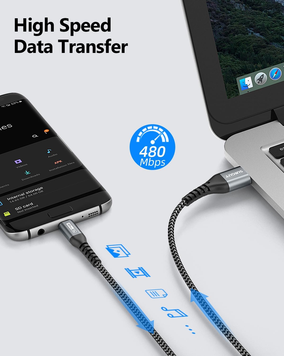 SUNGUY Micro USB 2.0 Cable Braided Fast Charging Data Sync Cord, B005B