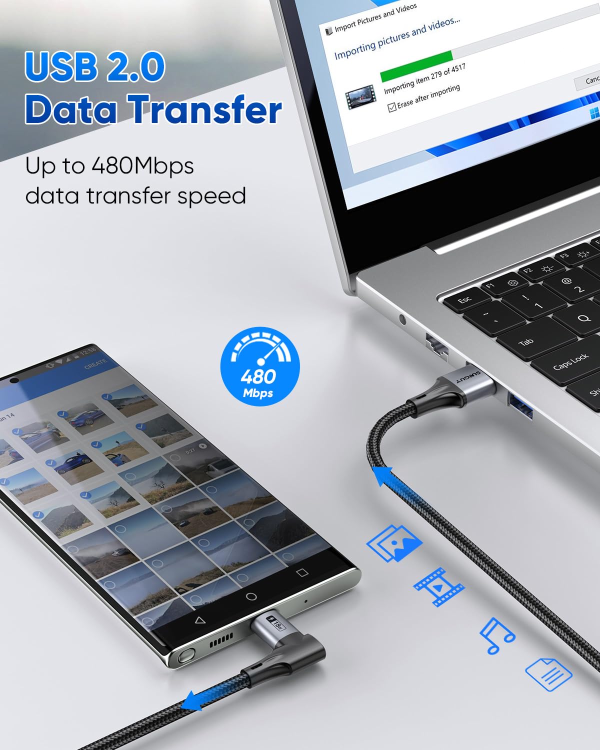 SUNGUY Right Angle USB C Cable, 90 Degree USB A to USB C Fast Charging Cable, B085AC
