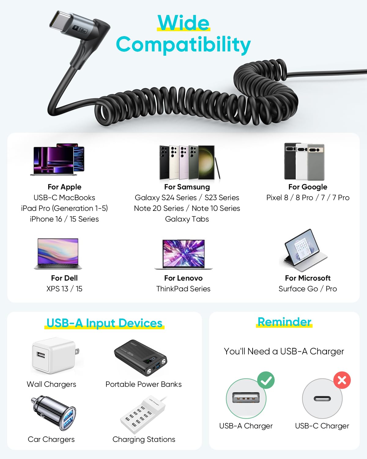 SUNGUY Right Angle Coiled Cable, 90 Degree USB A to USB C Cable,  4Ft/1.2M, B082AC