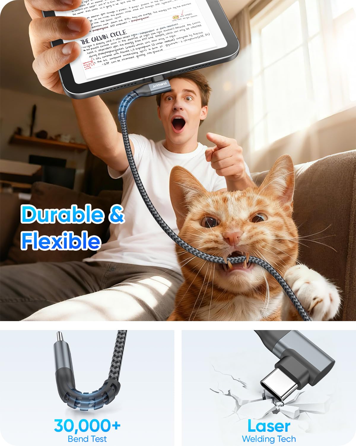 SUNGUY USB C to USB C Charger Cable, Right Angle, 60W Fast Charging, B007CC