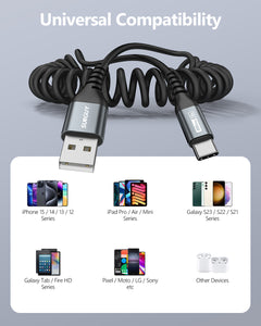 SUNGUY Coiled USB C Cable , USB A to USB C Charger Cable for Car, Android Auto USB-C Fast Charging Cord B060AC#