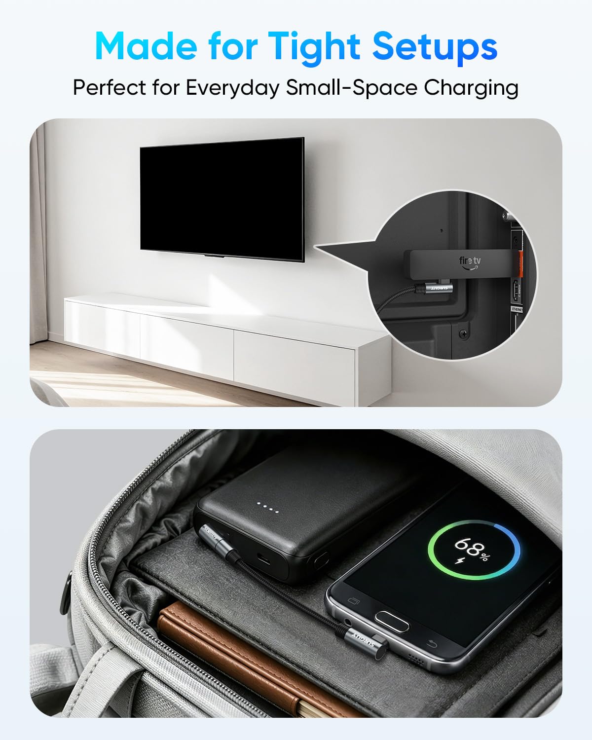 SUNGUY Dual Right Angle USB A to Micro USB Cable, 90 Degree Space-Saving Charging Cord, B045B