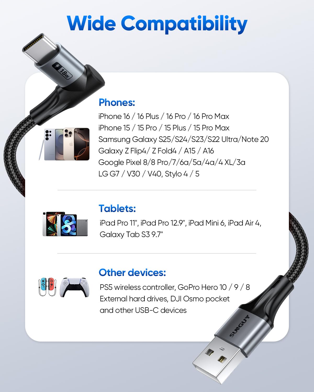 SUNGUY Right Angle USB C Cable, 90 Degree USB A to USB C Fast Charging Cable, B085AC
