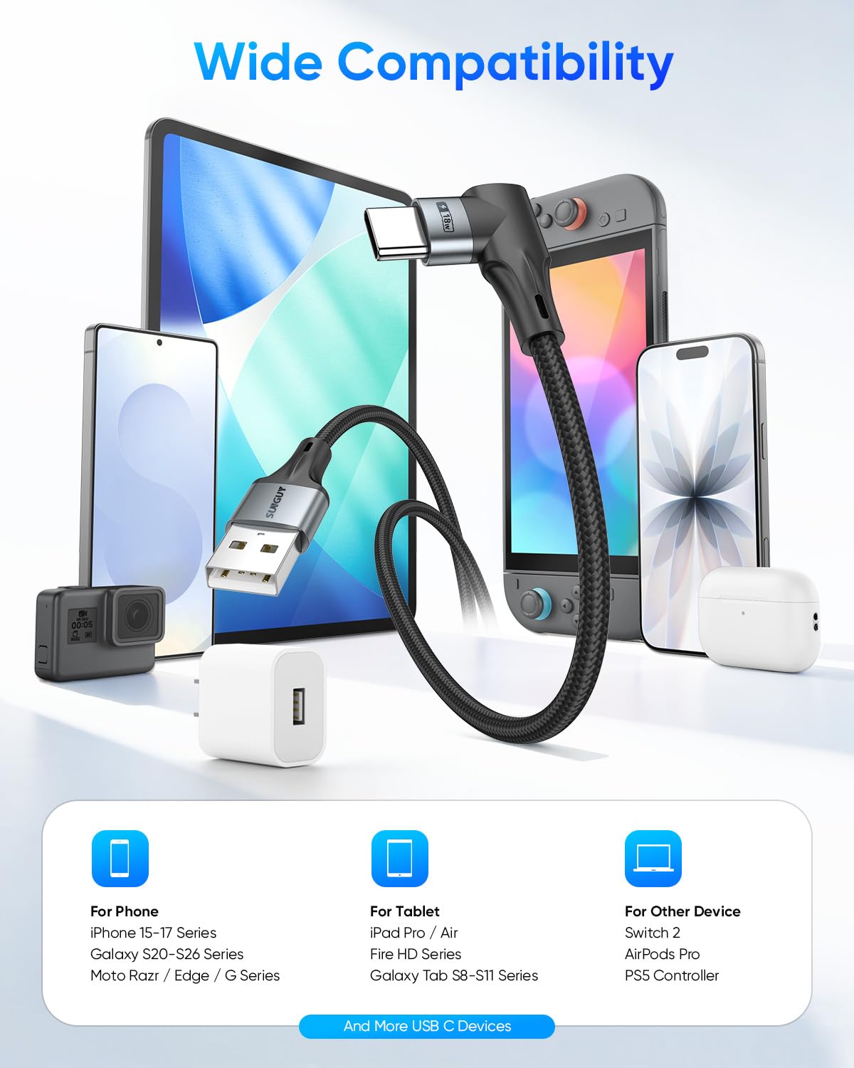 SUNGUY Right Angle 90 Degree USB C to USB A Cable, B086AC