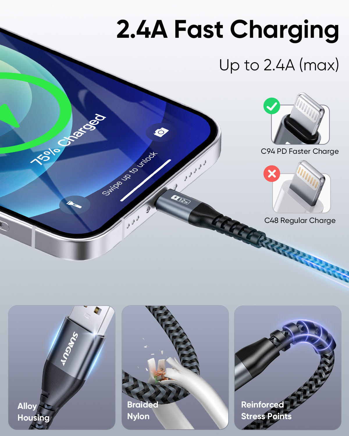 SUNGUY USB A to Lightning Cable, iPhone Charger Cable Nylon Braided, B005AL