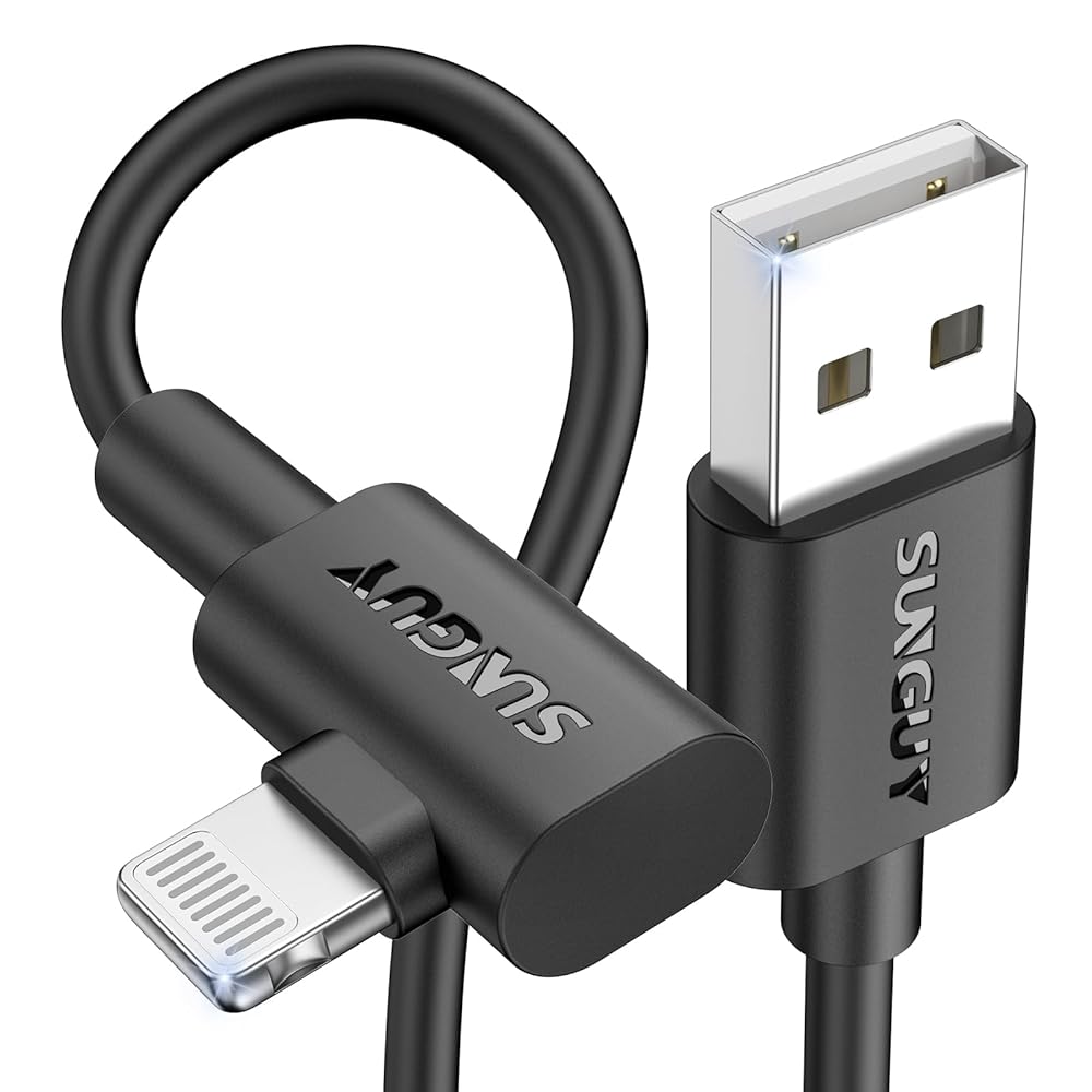SUNGUY USB A to Lightning Cable, 90 Degree, iPhone Charger Cord, B030AL