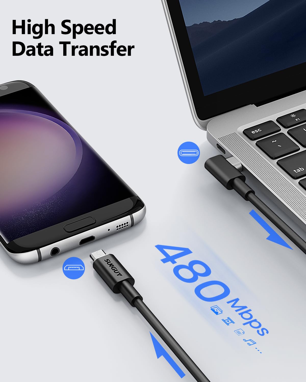 SUNGUY Micro USB  to USB C Right Angle cable charging cable, B030BC