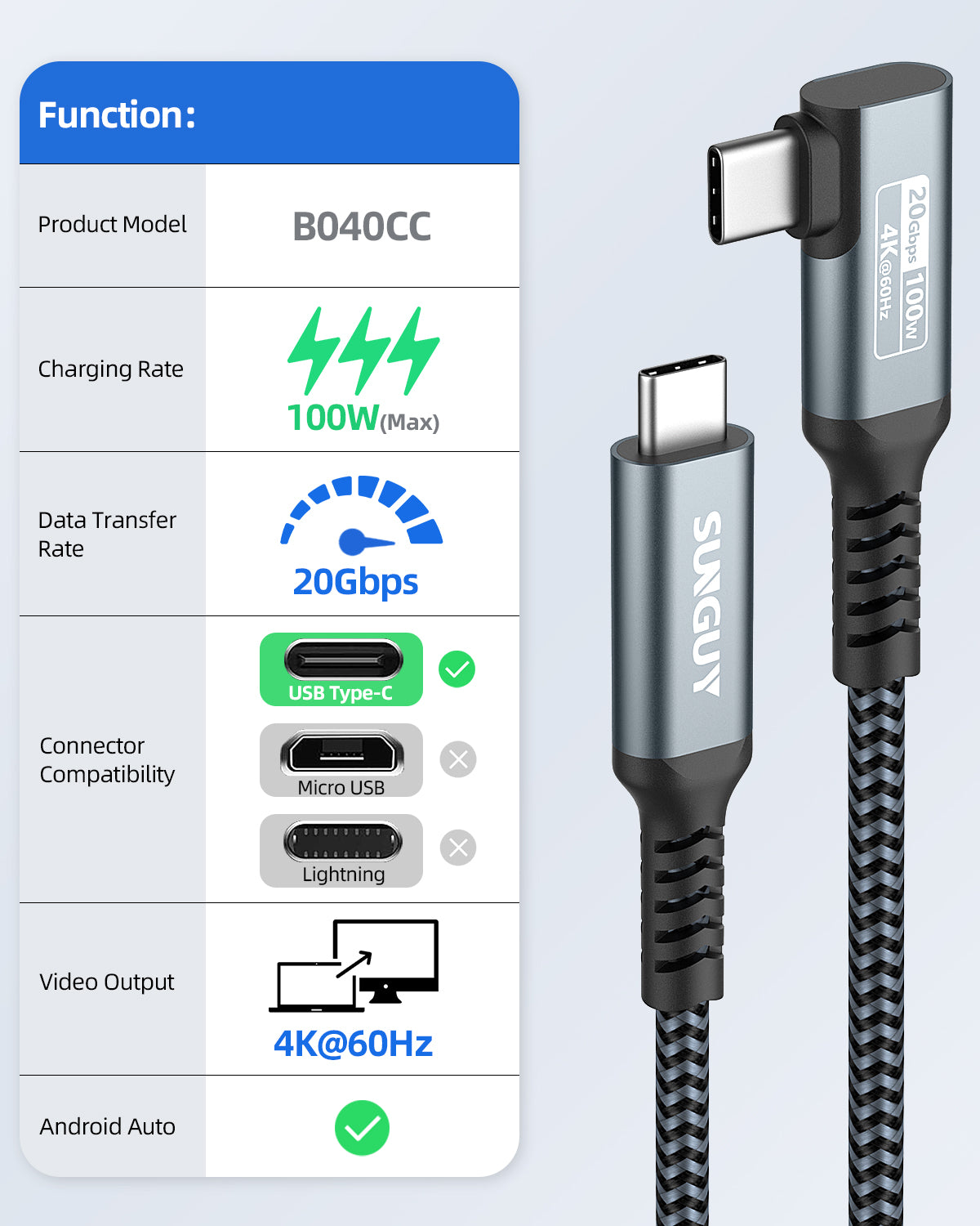 SUNGUY Right Angle USB C to USB C Cable,20Gbps USB C 3.2 Gen 2 Data 100W PD Cable,Wholesale 100pcs / lot