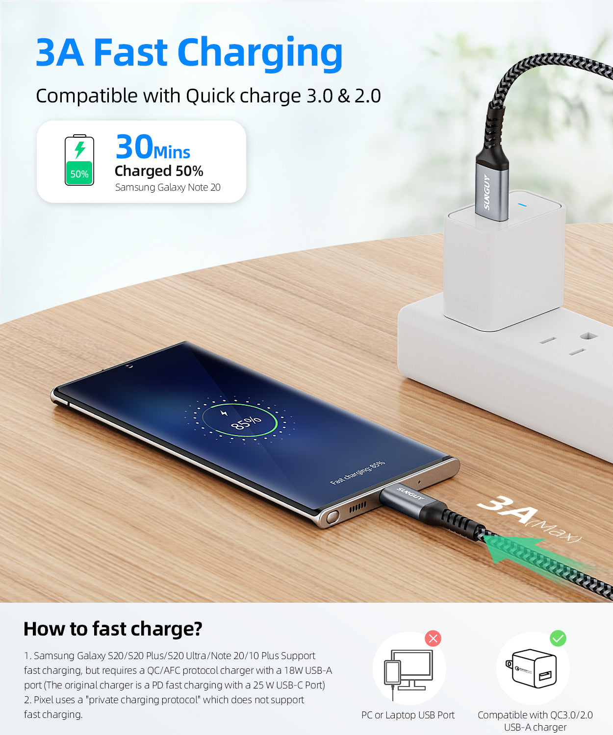 SUNGUY USB C 3.1 Gen 2 USB A Android Auto Cable 10Gbps 3A USB A to C Data Fast Charging Cable, B104