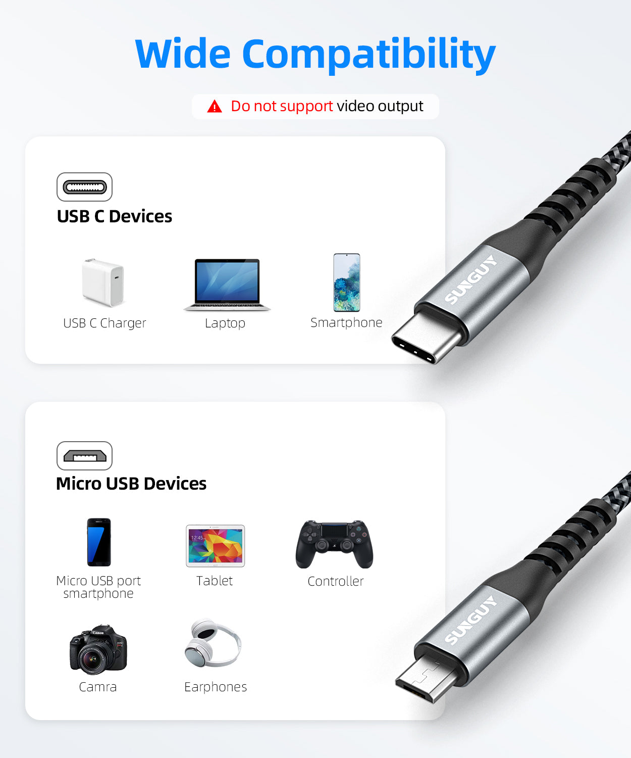 SUNGUY USB C to Micro USB Cord Support OTG Nylon Braided Compatible, B005BC