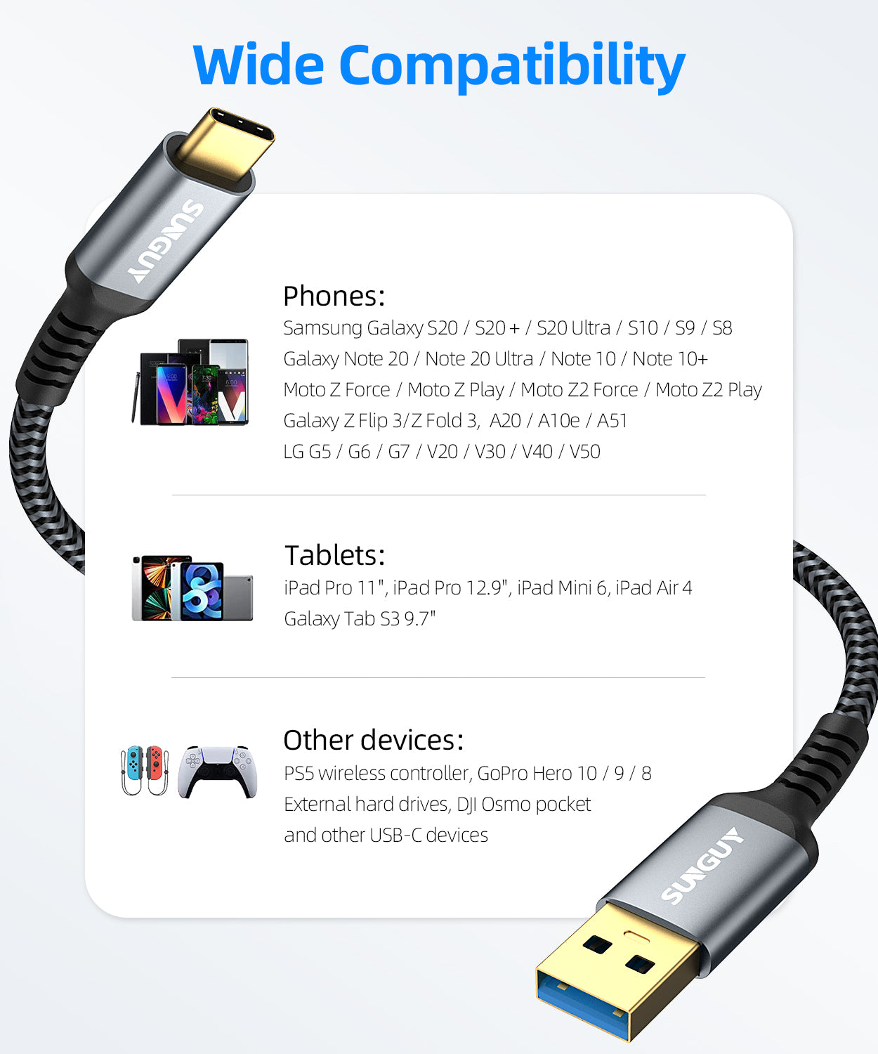 SUNGUY USB C 3.1 Gen 2 USB A Android Auto Cable 10Gbps 3A USB A to C Data Fast Charging Cable, B104