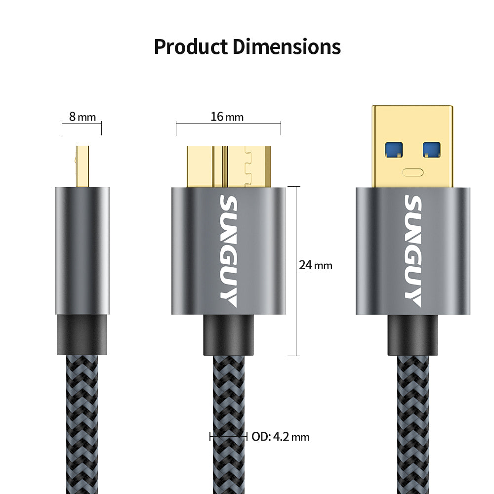 SUNGUY Micro USB 3.0 Cable USB A Male to Micro B Hard Drive Cable, B002